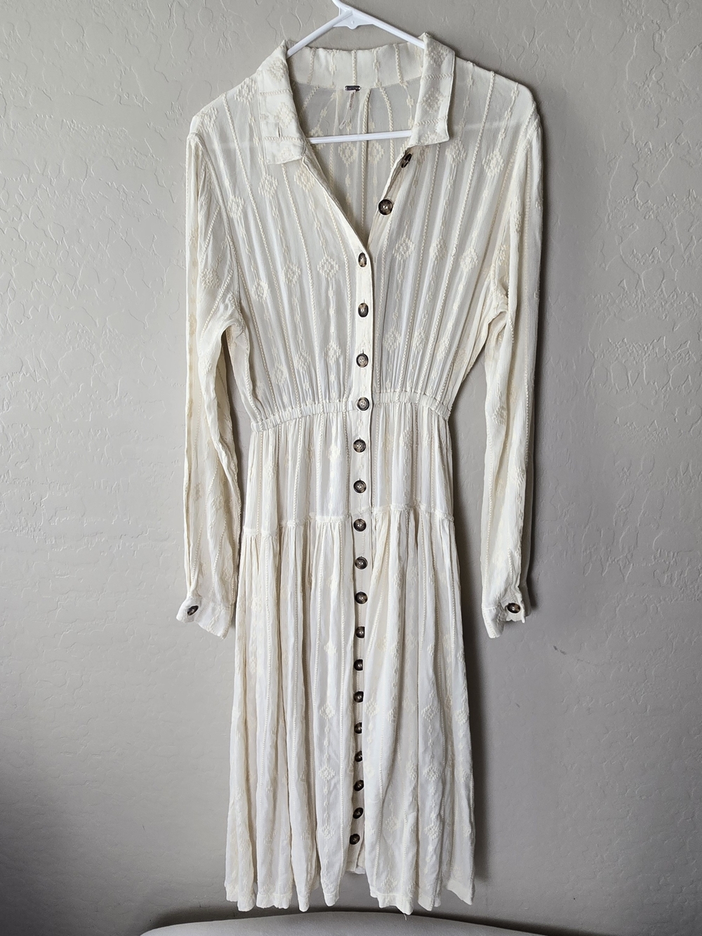 Free People Midi Dress Size S Ivory Button Front Diamond Head Embroidered Boho